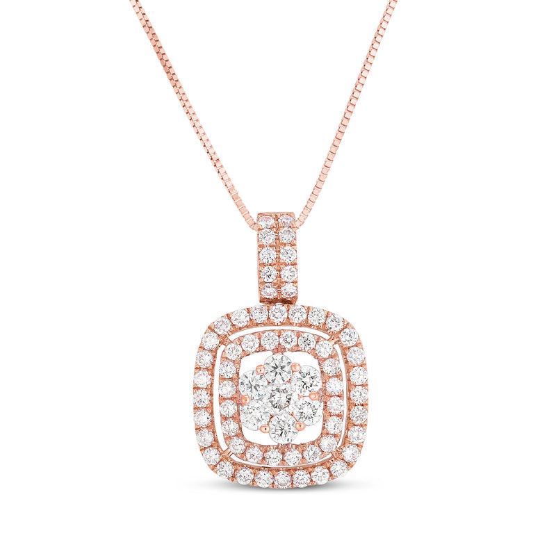 14kt rose gold diamond double-halo square pendant necklace with center stone
