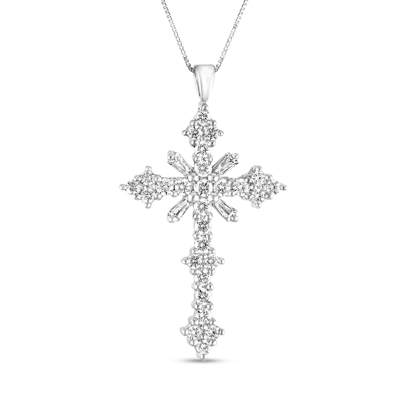 14kt white gold diamond cross pendant necklace with cluster round stones
