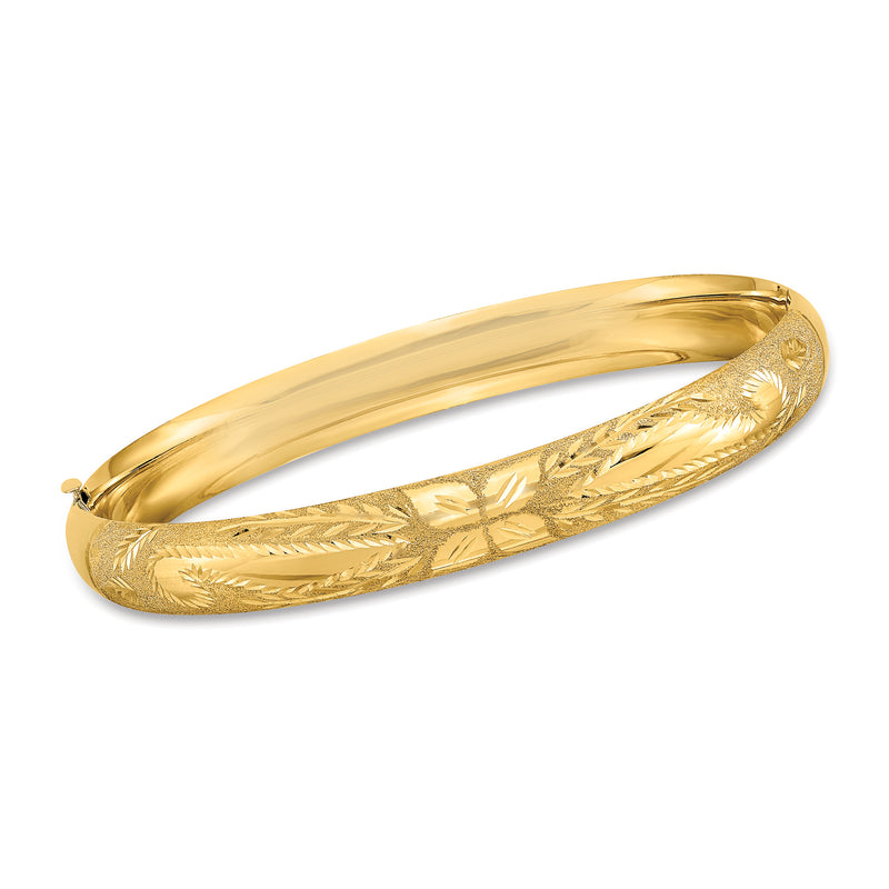 14kt yellow gold textured and polished floral bangle bracelet with rope-like edge