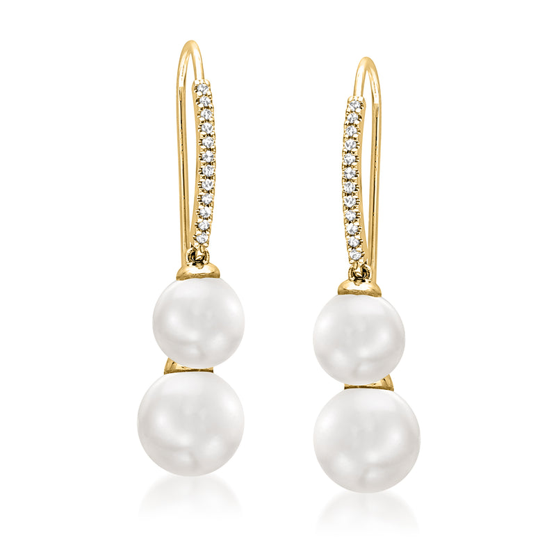 Cultured pearl and diamond drop earrings in 14kt yellow gold, two white pearls
