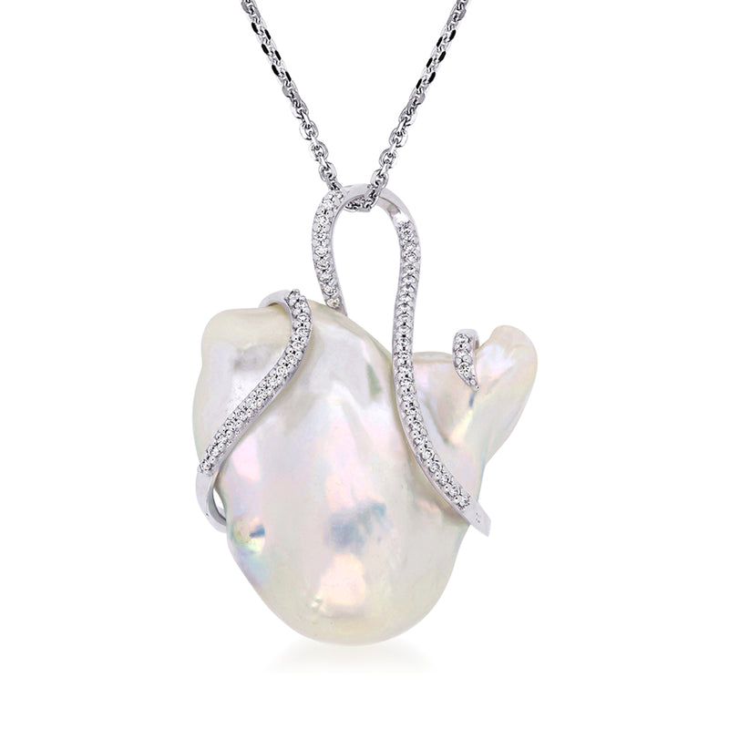 Baroque pearl pendant necklace with diamond-accented heart motifs, 14kt white gold chain