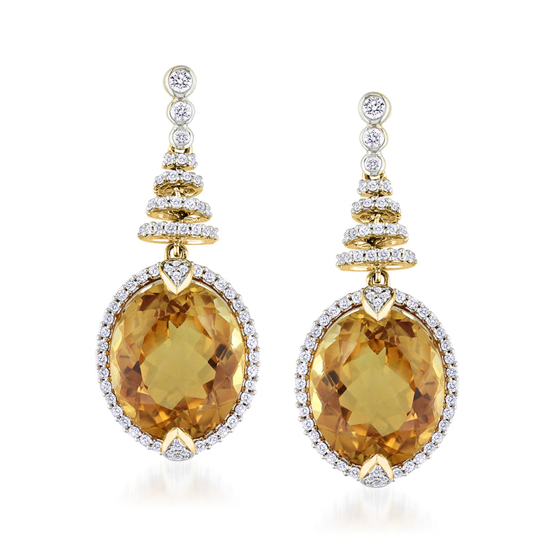 14kt yellow gold drop earrings with oval citrine and diamond halo accents, post backs