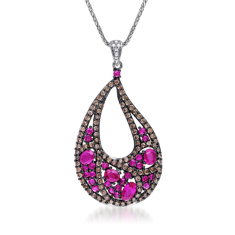 14kt white gold teardrop pendant with pink sapphire and multicolored diamond accents