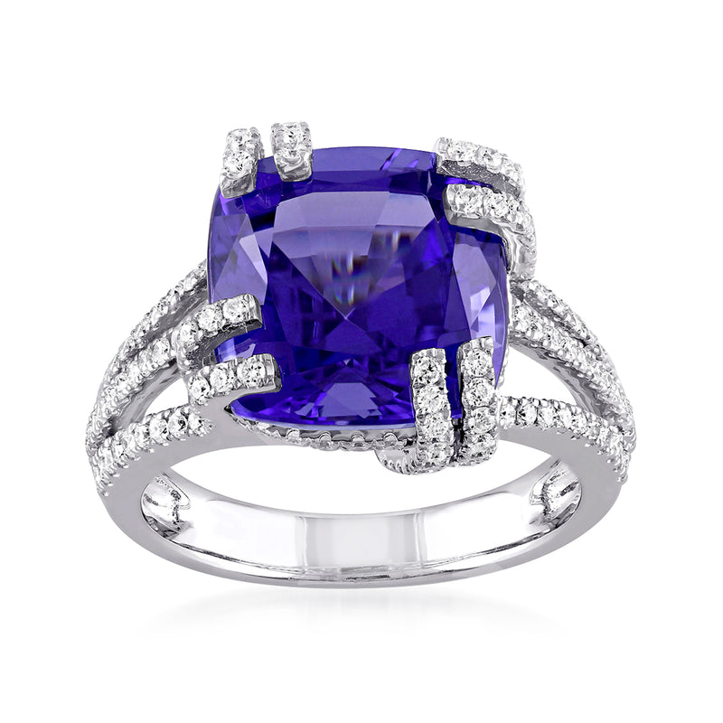 14kt white gold ring with large square cushion tanzanite center and diamond accents
