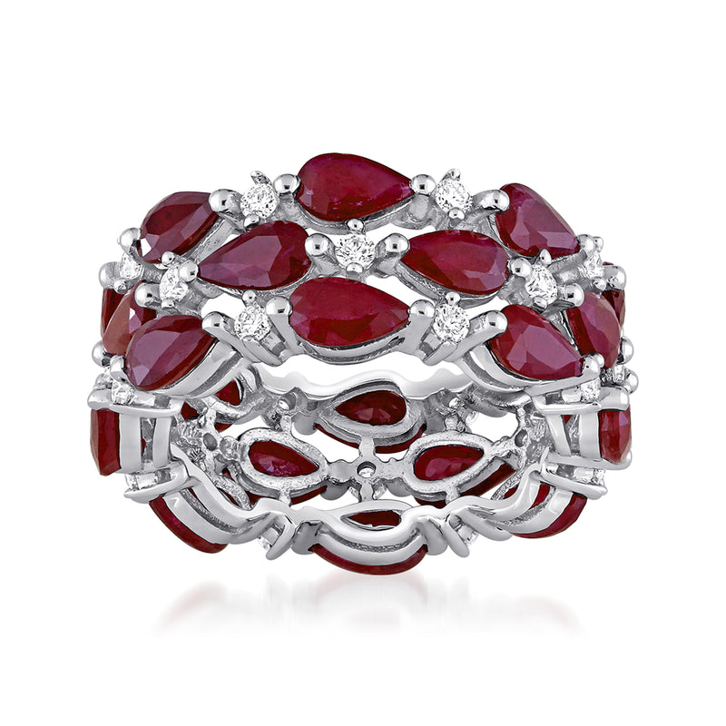 14kt white gold ring with marquise red rubies and round diamonds on openwork band