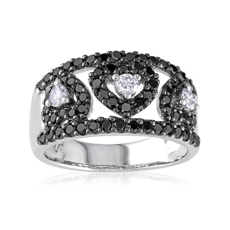 Heart-shaped diamond ring with black and white stones on 14kt white gold band