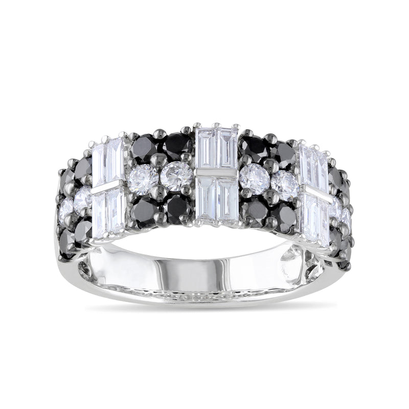 White gold diamond ring with central emerald-cut stones and black diamond accents