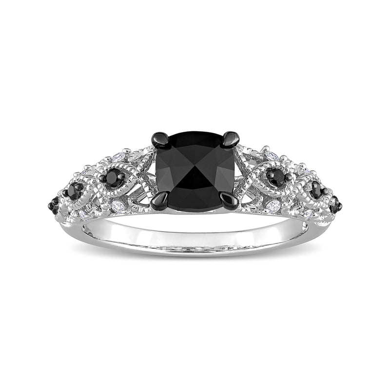 14kt white gold diamond ring with black cushion center and white side stones