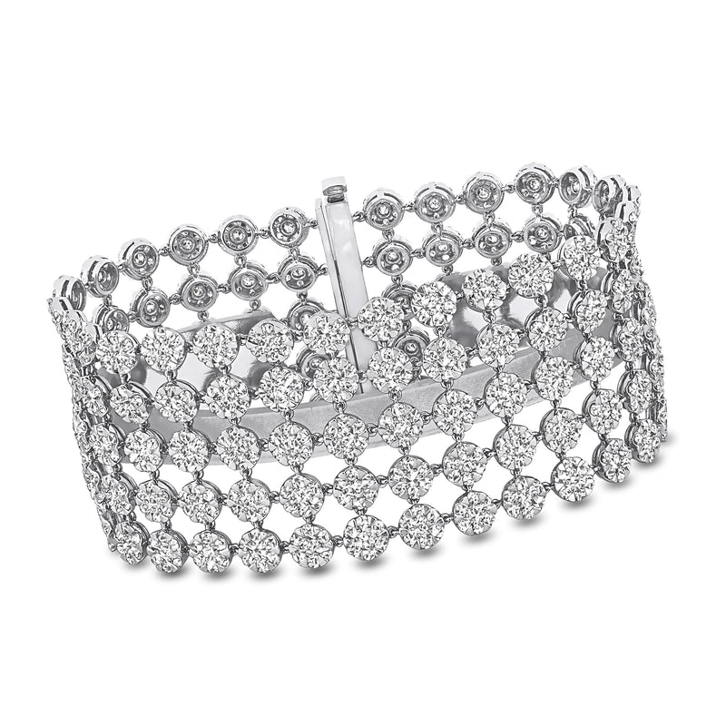 Wide diamond bracelet in 18kt white gold with round cluster links