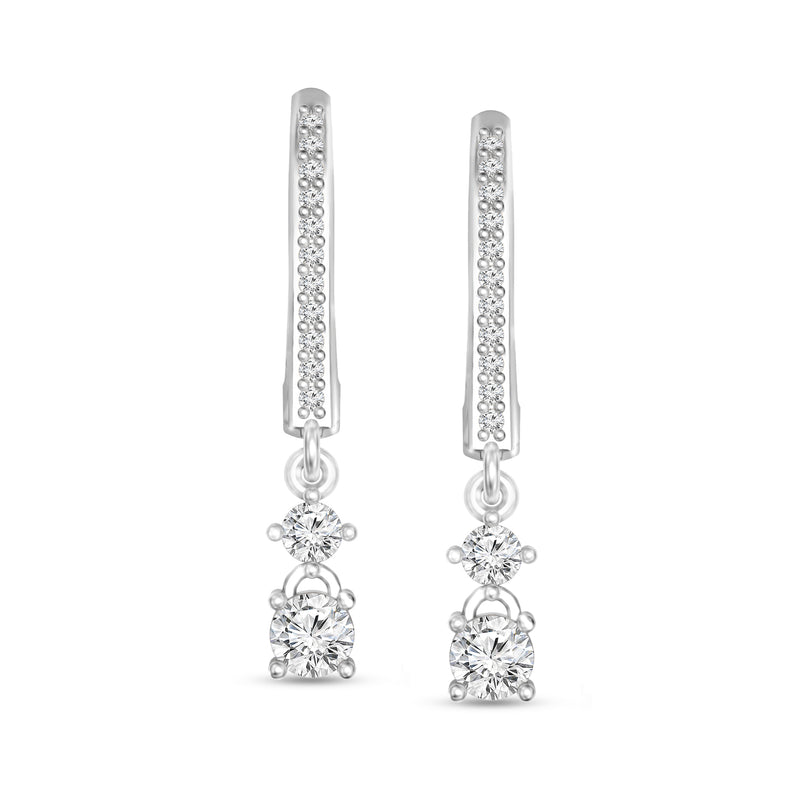 Diamond drop earrings in white gold with pavé bars and three-stone drops