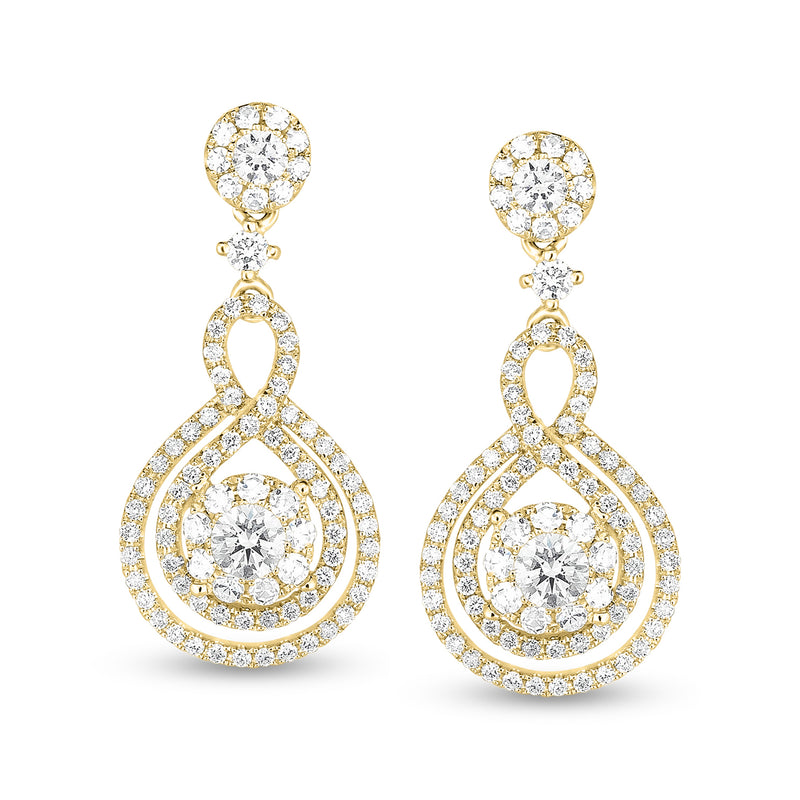 14kt yellow gold diamond infinity teardrop drop earrings, post backs, round stones