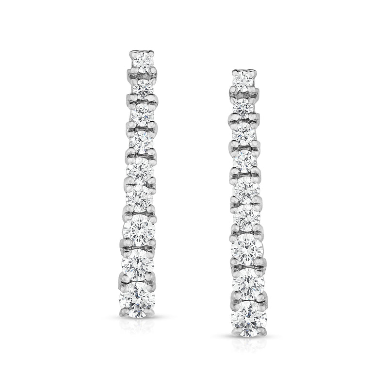 14kt white gold linear drop post earrings, row of round diamonds