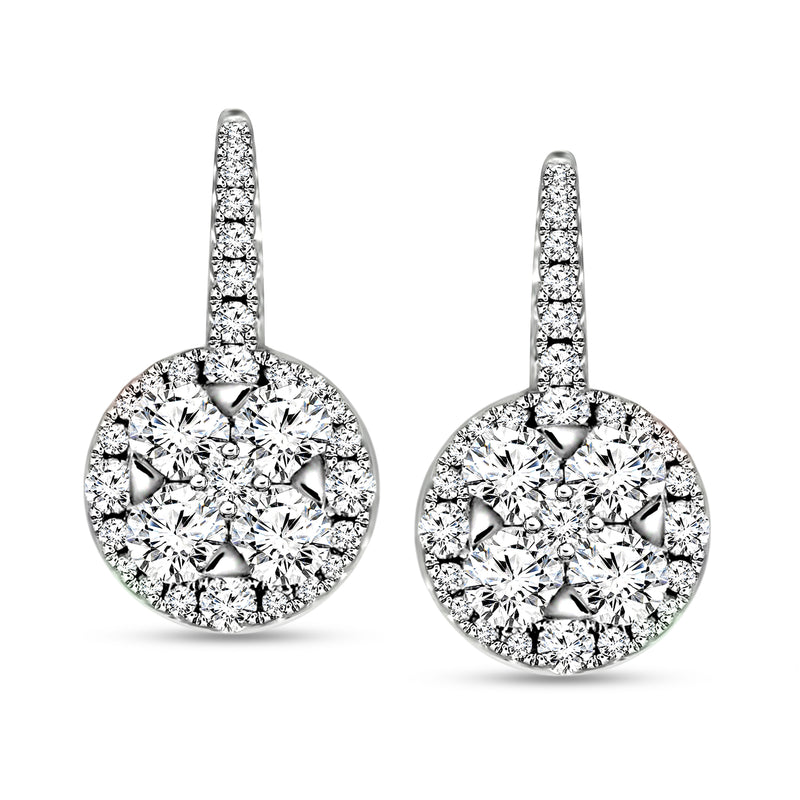 14kt white gold diamond circle drop earrings with round cluster and leverbacks