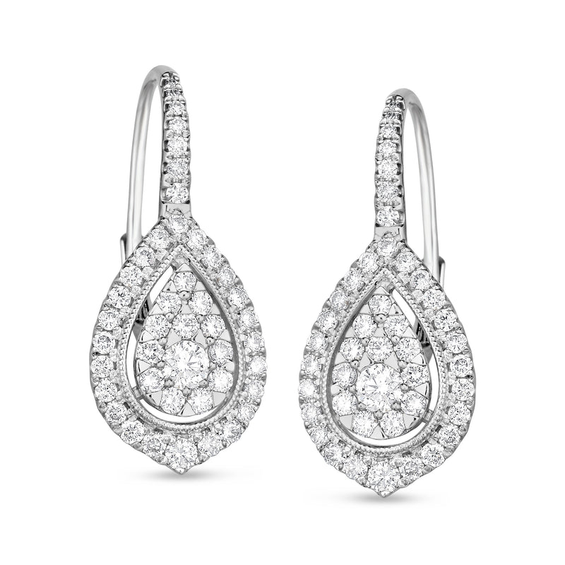 Teardrop diamond drop earrings in 14kt white gold with leverback closures