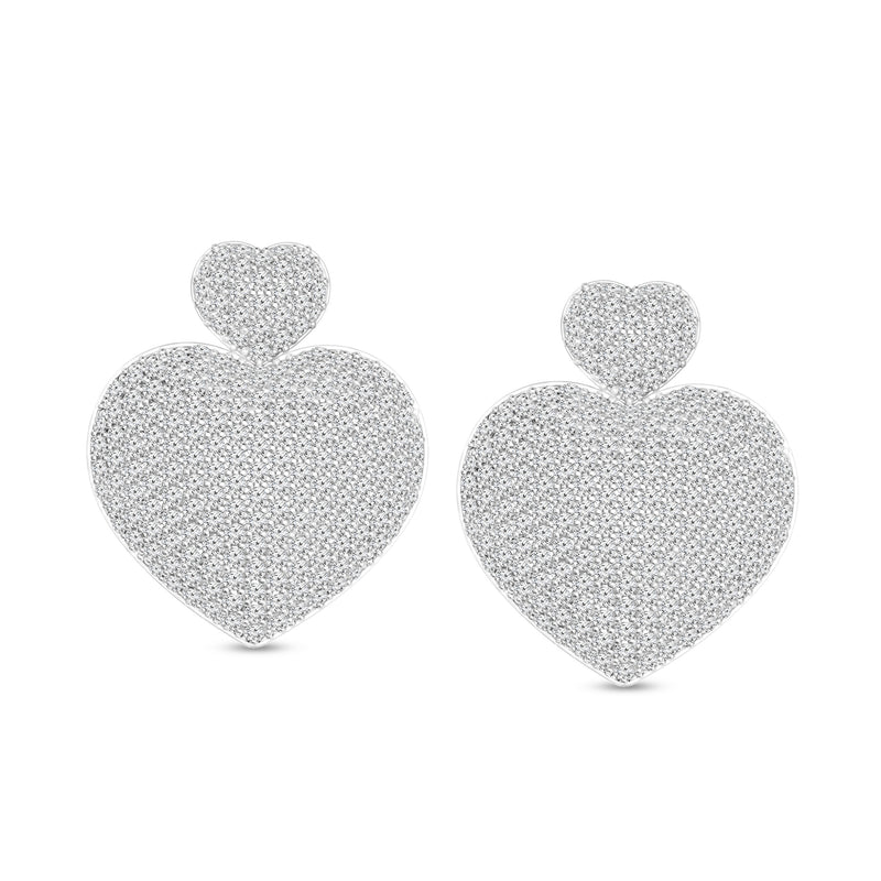 Pave diamond heart drop earrings in sterling silver