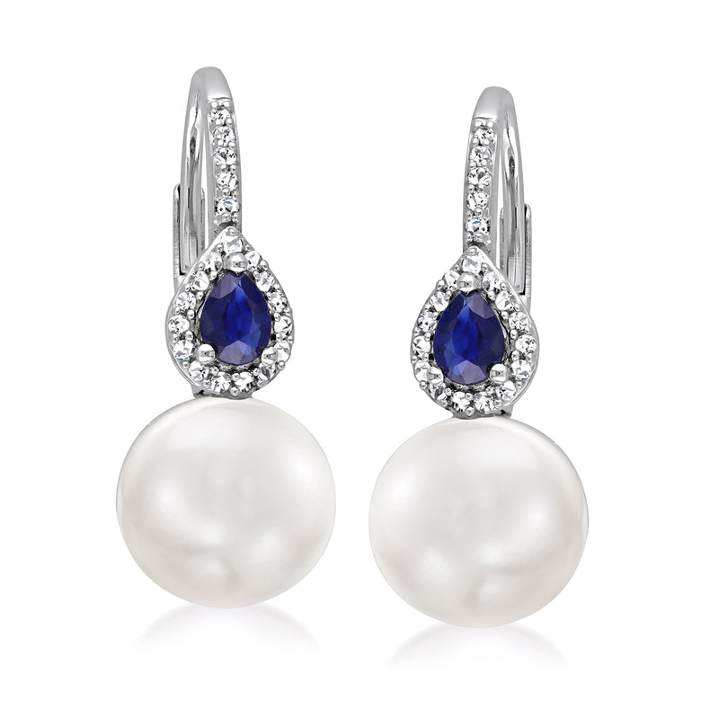 Cultured pearl drop earrings in white gold with sapphire and diamond halo leverbacks