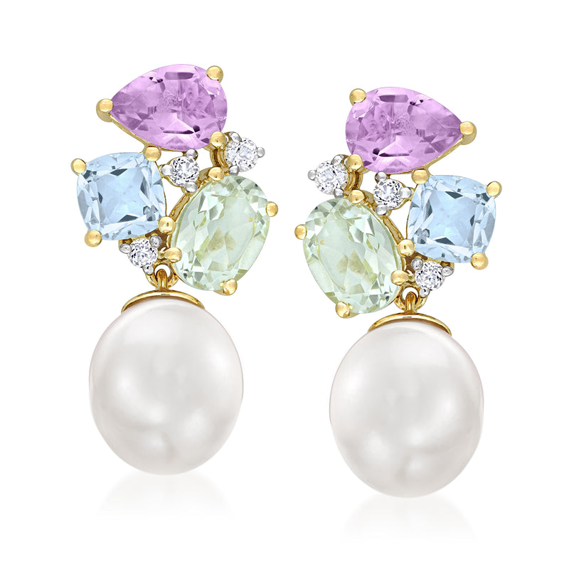 Multi-gemstone pearl drop post earrings in gold-tone with purple, blue, green stones