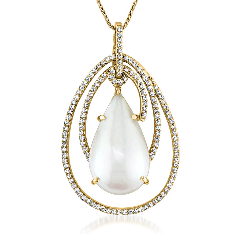 14kt yellow gold mabe pearl pendant with teardrop halo of white stones