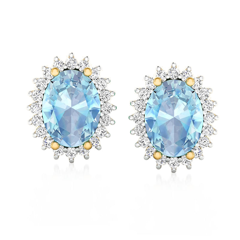 14kt yellow gold aquamarine and diamond stud earrings with oval light-blue center