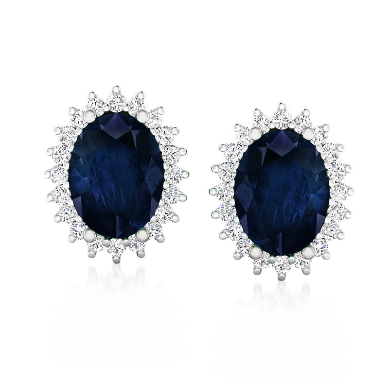 Oval sapphire stud earrings with diamond halo in 14kt white gold, post style