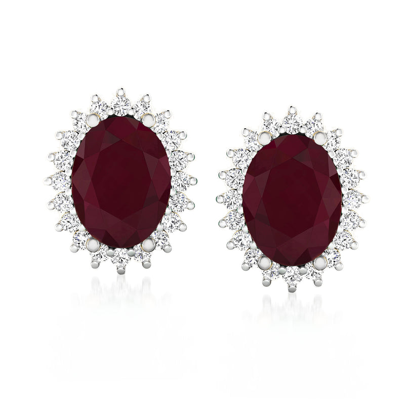 Ruby and diamond halo post earrings in 14k white gold