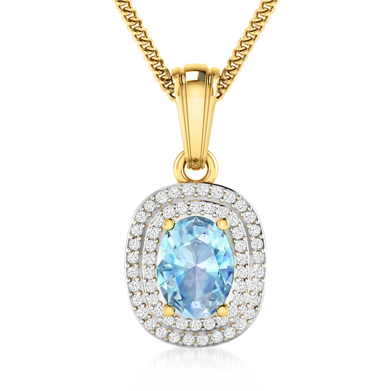 14kt yellow gold pendant necklace with oval aquamarine and diamond halo, chain included