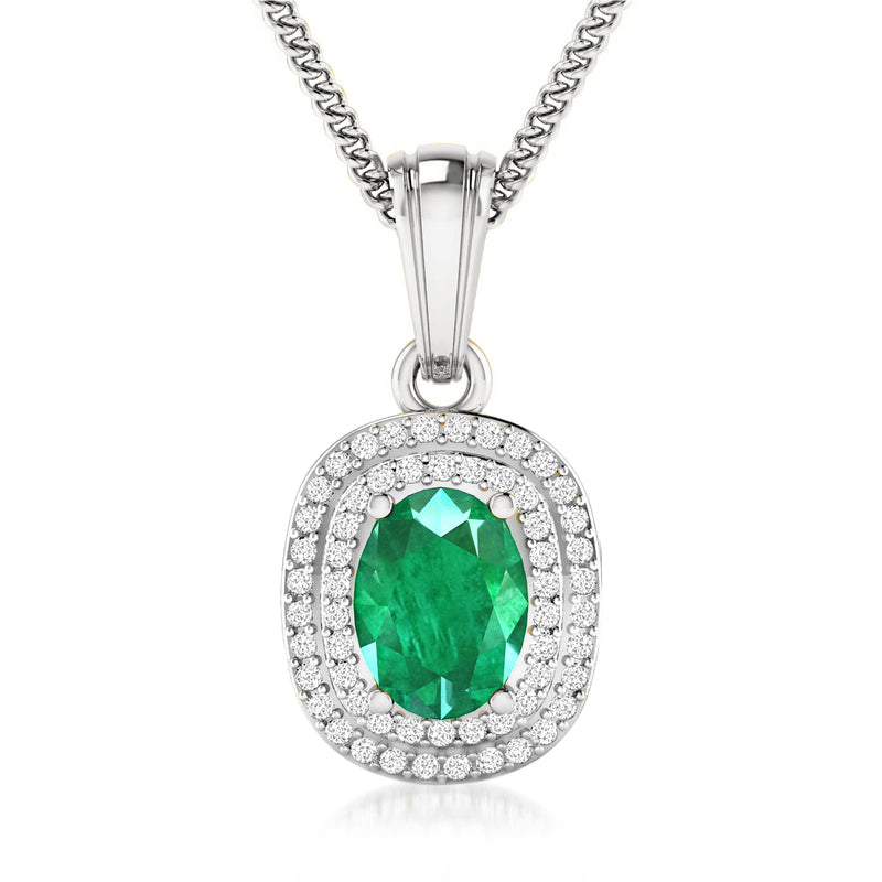 14kt white gold pendant necklace with oval green emerald center and diamond halo