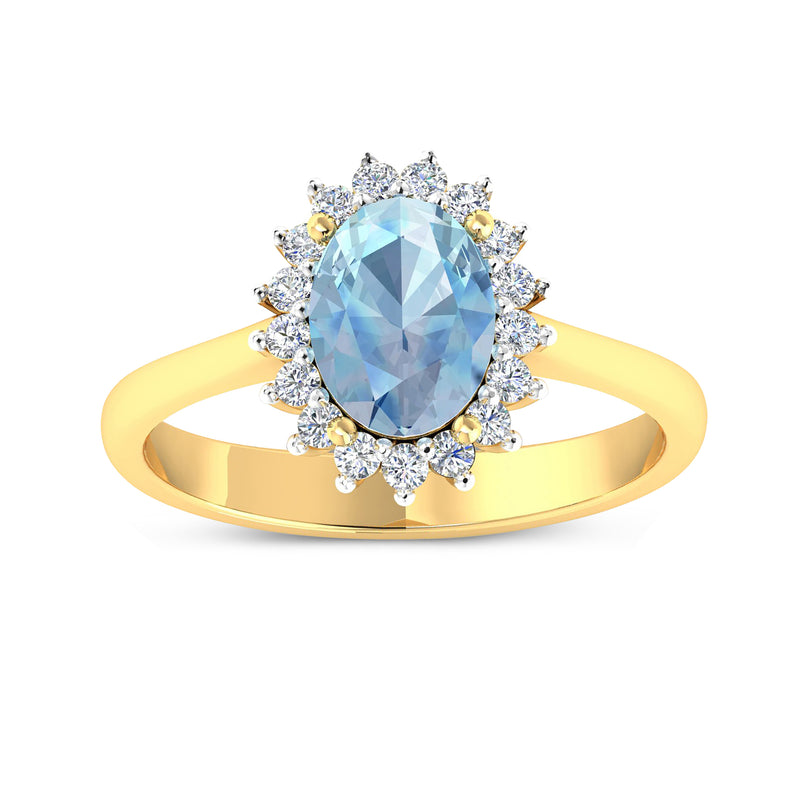 14kt yellow gold ring with oval aquamarine center and diamond halo