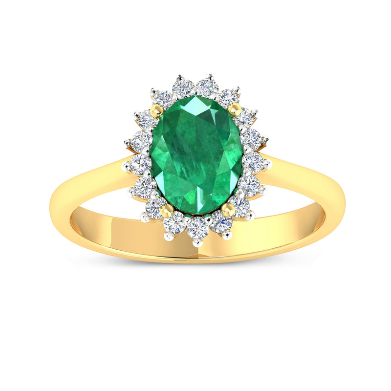 14kt yellow gold ring with emerald-cut green emerald and diamond halo