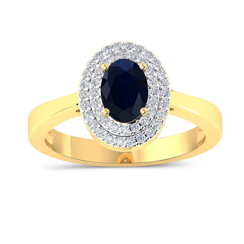 14kt yellow gold ring with oval dark blue sapphire center and diamond halo