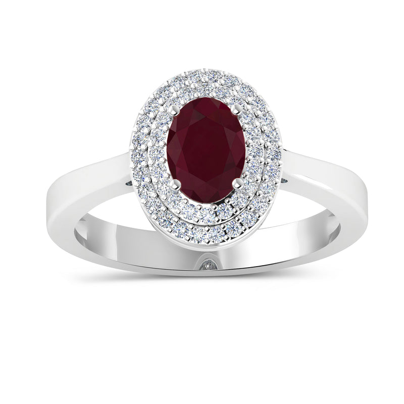Ruby and diamond ring in 14kt white gold with oval ruby halo setting