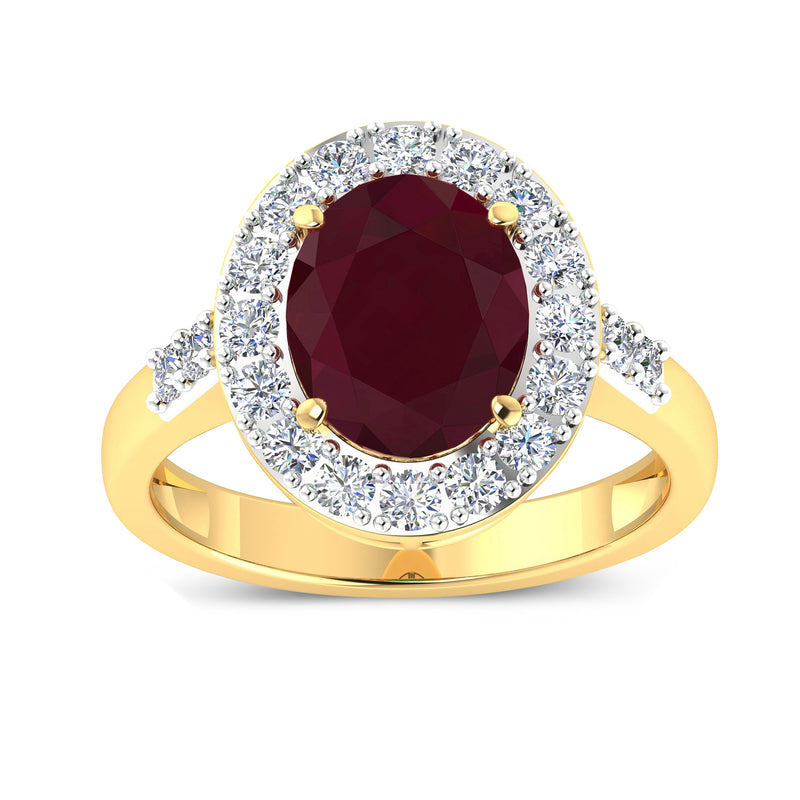 14kt yellow gold ring with oval red ruby center and halo of round diamonds