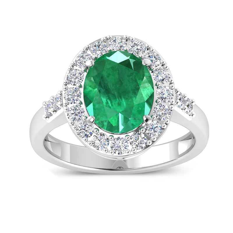 14kt white gold ring with emerald-cut green gemstone and diamond halo