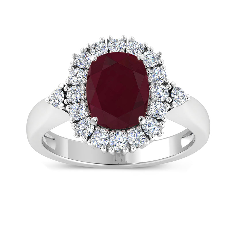 14k white gold halo ring with oval ruby center and round diamond accents