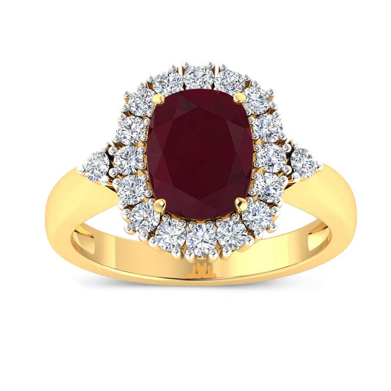 14kt yellow gold ring with oval red ruby center and round diamond halo