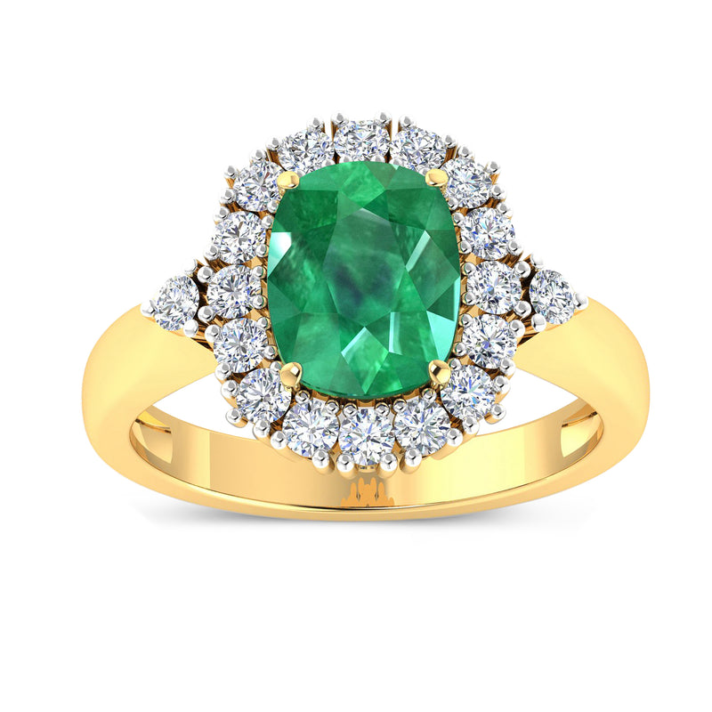 14kt yellow gold ring with emerald-cut green gemstone and diamond halo