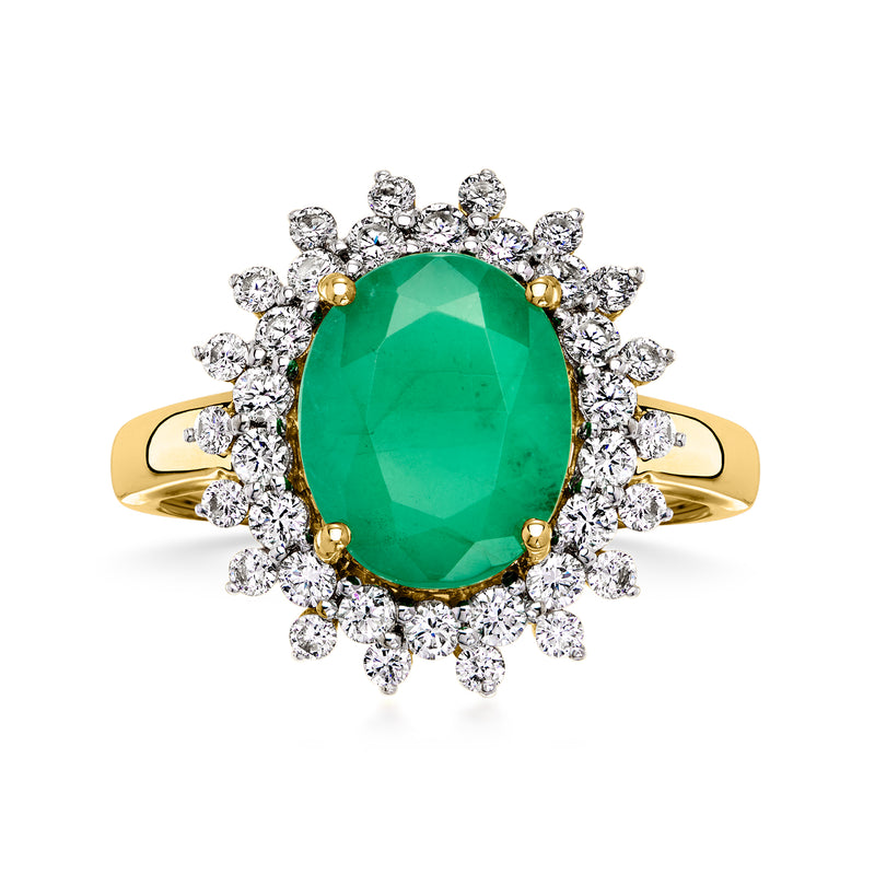 Yellow gold oval green gemstone halo ring with sparkling round diamond accents