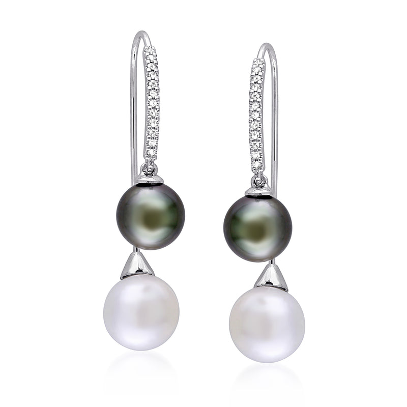 Pearl drop earrings with black Tahitian pearl, white pearl, and diamond accents in white gold