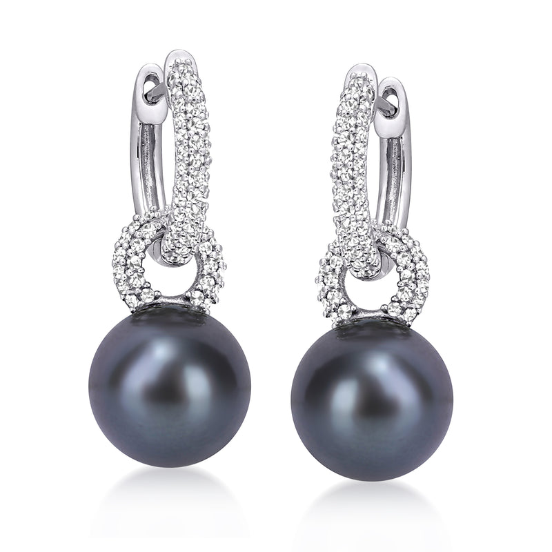 Cultured Tahitian pearl and diamond hoop drop earrings in white gold, black round pearl