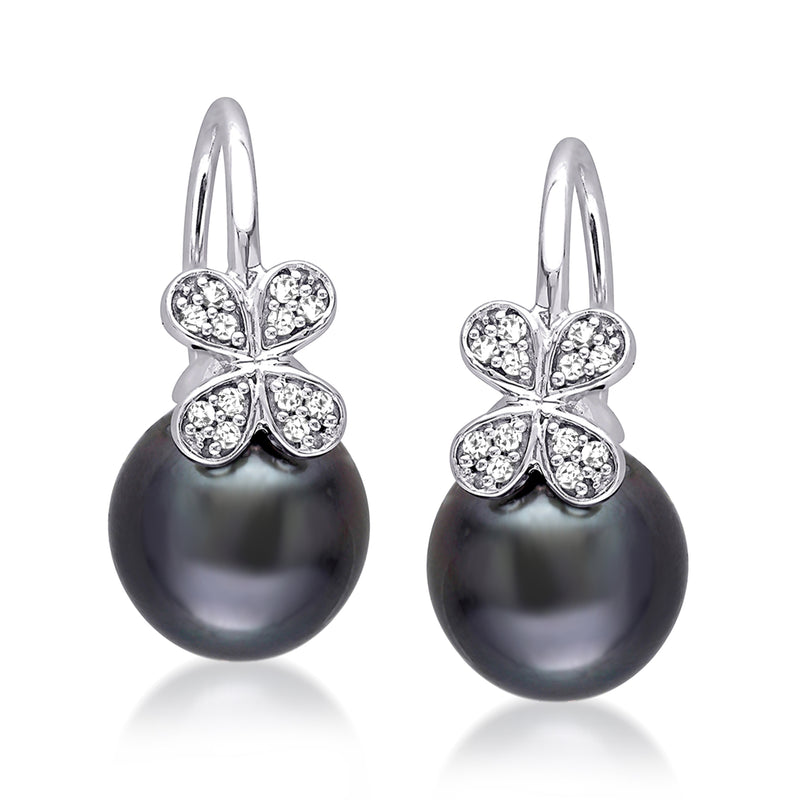 White gold clover drop earrings with dark black cultured pearl and diamond accents
