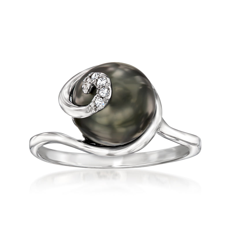 Sterling silver swirl ring with dark round Tahitian pearl and diamond accents