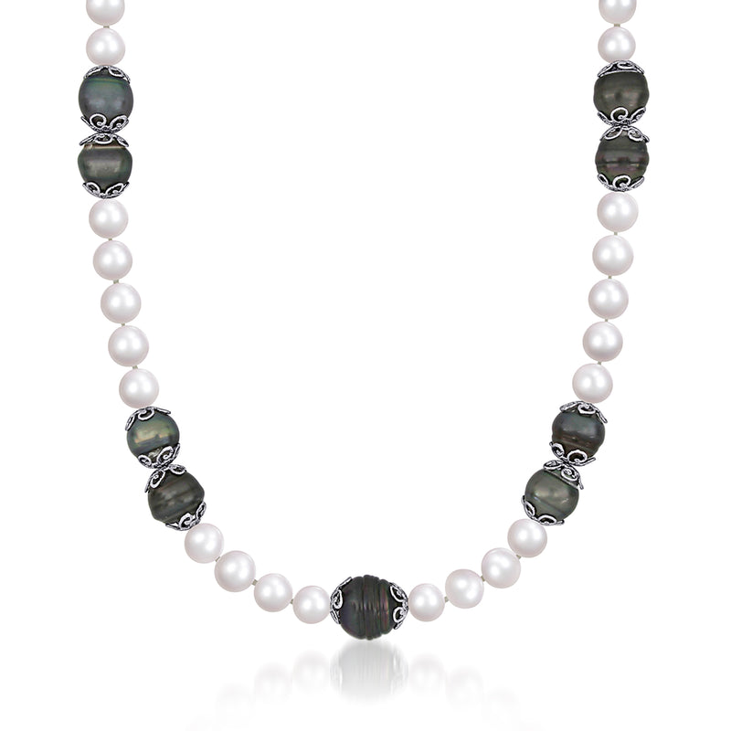 Sterling silver pearl necklace with white pearls and dark Tahitian-style beads, CZ accents