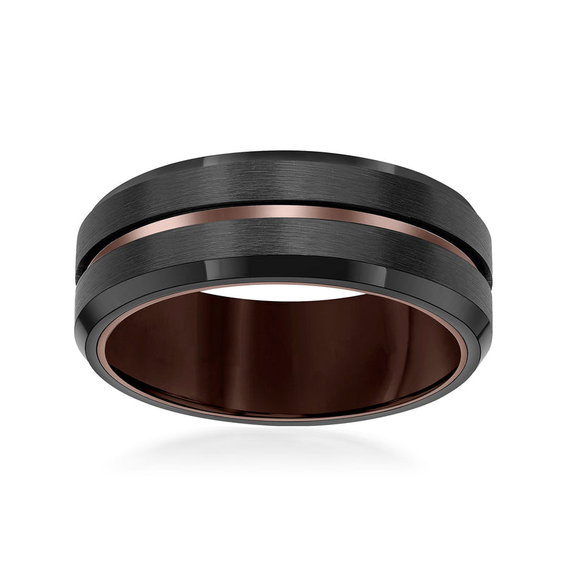8mm men's tungsten carbide wedding band with black brushed finish and brown inner stripe