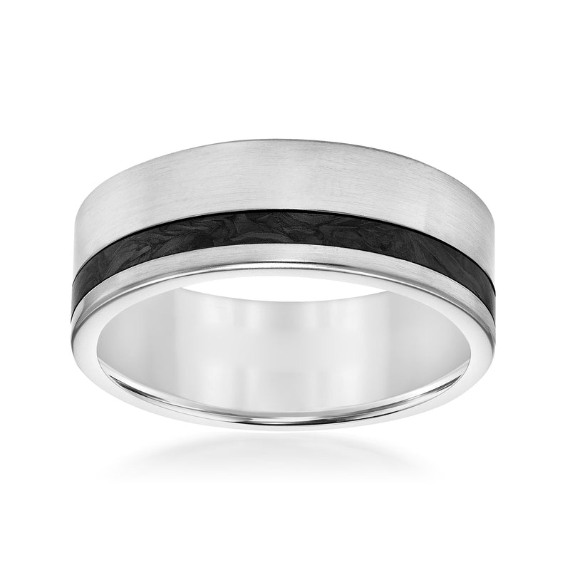 Men's titanium wedding band with black carbon fiber inlay, brushed silver finish