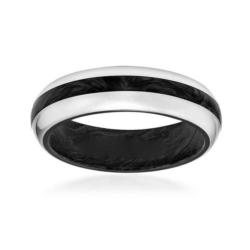 Men's titanium wedding band with black carbon fiber inlay, polished silver edge