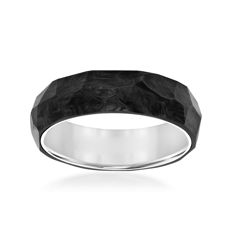 Black carbon fiber wedding band with faceted texture and polished titanium edge
