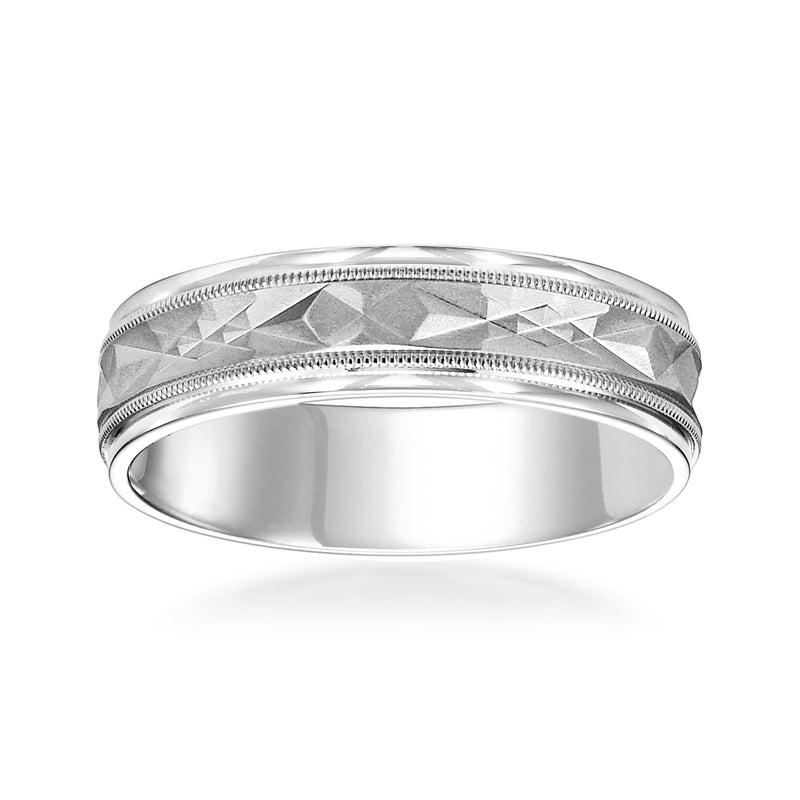 14kt white gold wedding band, 6mm, faceted patterned top with smooth center