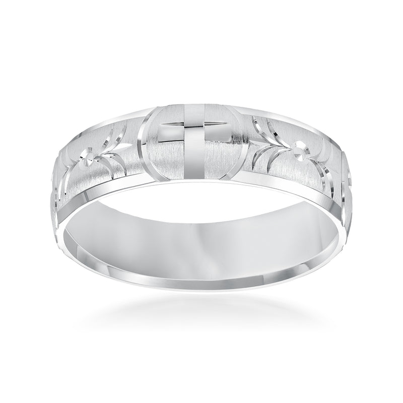 White gold wedding band with engraved cross design