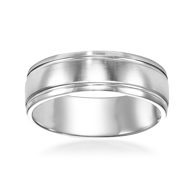 Men's white gold wedding band ring, polished with two raised ridges