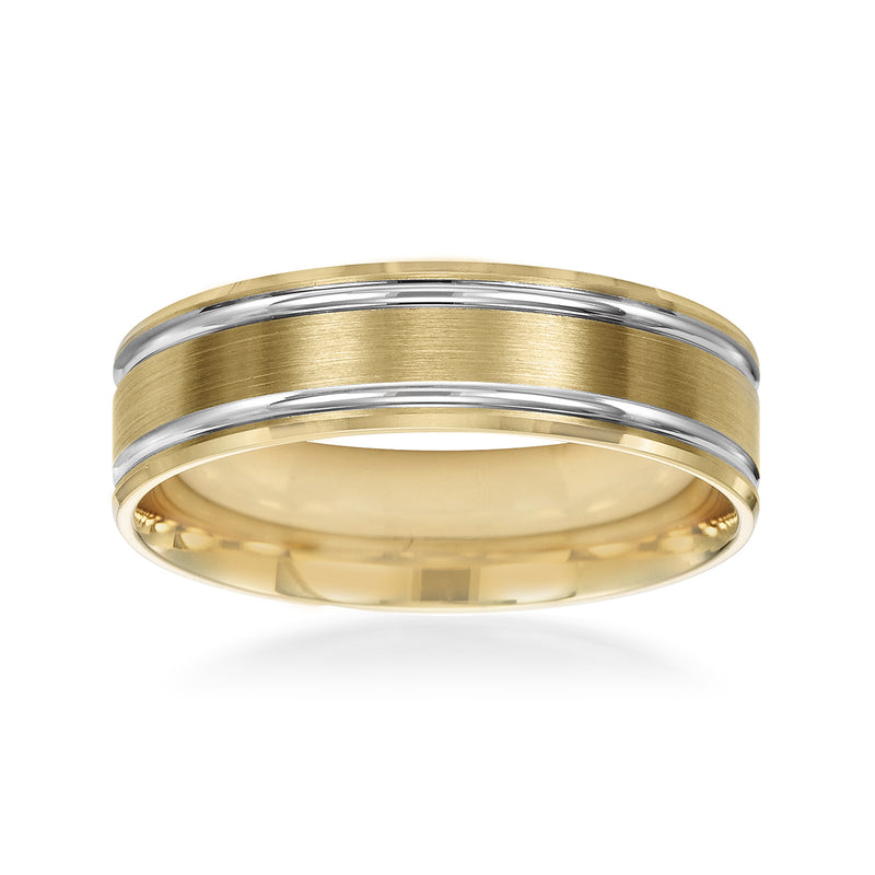 Two-tone 14kt gold wedding band with polished alternating yellow and white metal stripes
